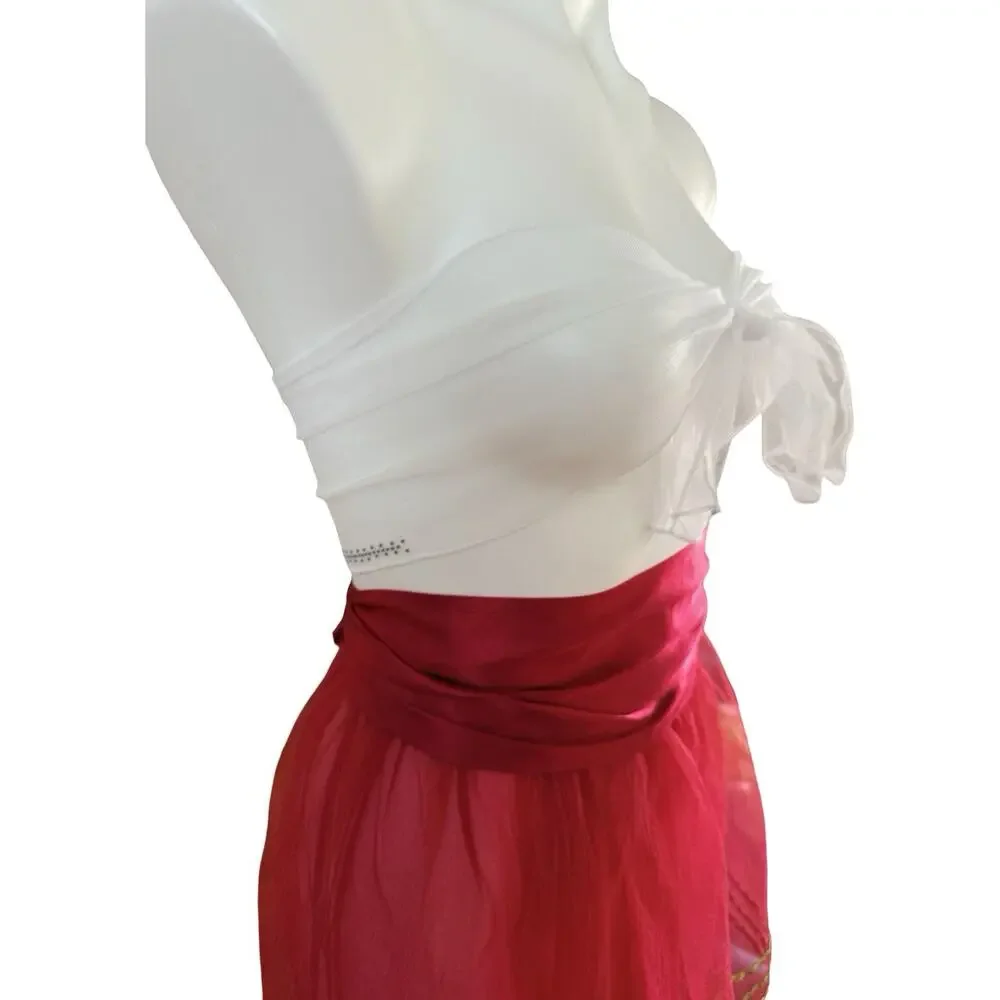 Vintage Red Sheer Chiffon Apron Gold Rickrack Trim Satin Bow